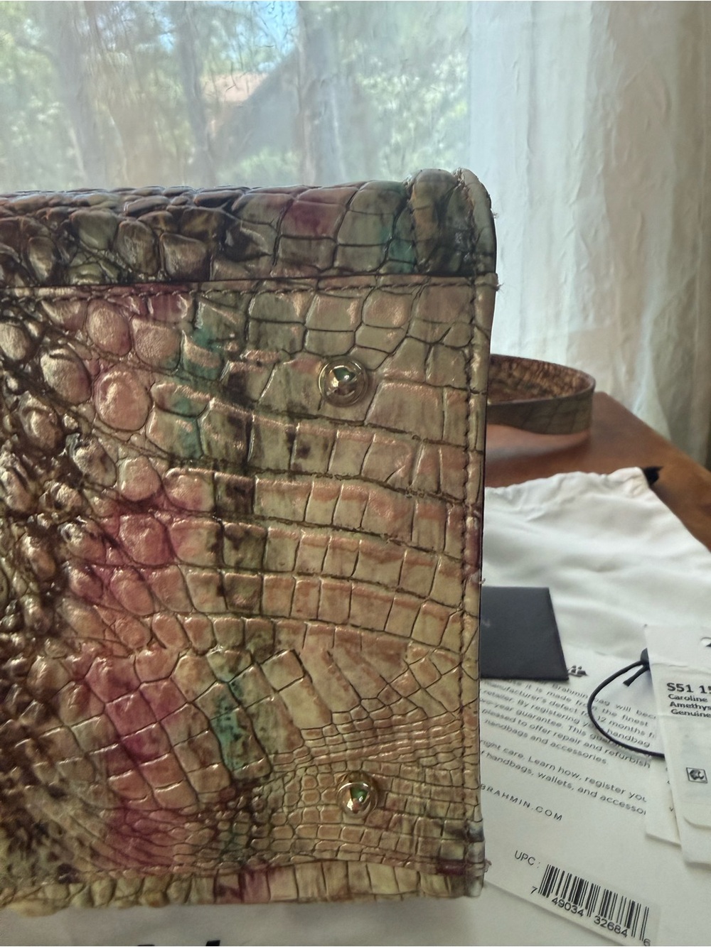 Brahmin Green and Mauve Croc-Embossed Satchel - Picture 8 of 13